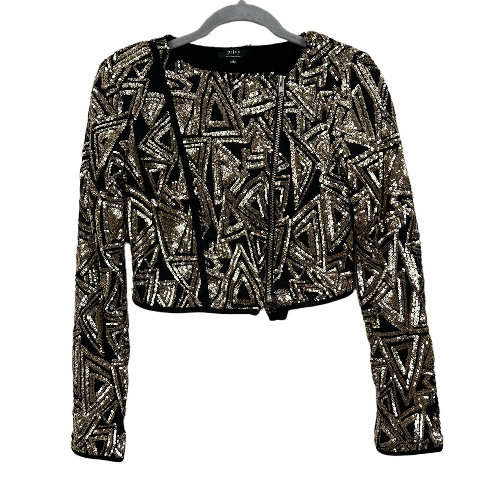 Privy Womens Sequin Jacket Collarless Asymmetric Zip Long Sleeve Gold Black Sz S